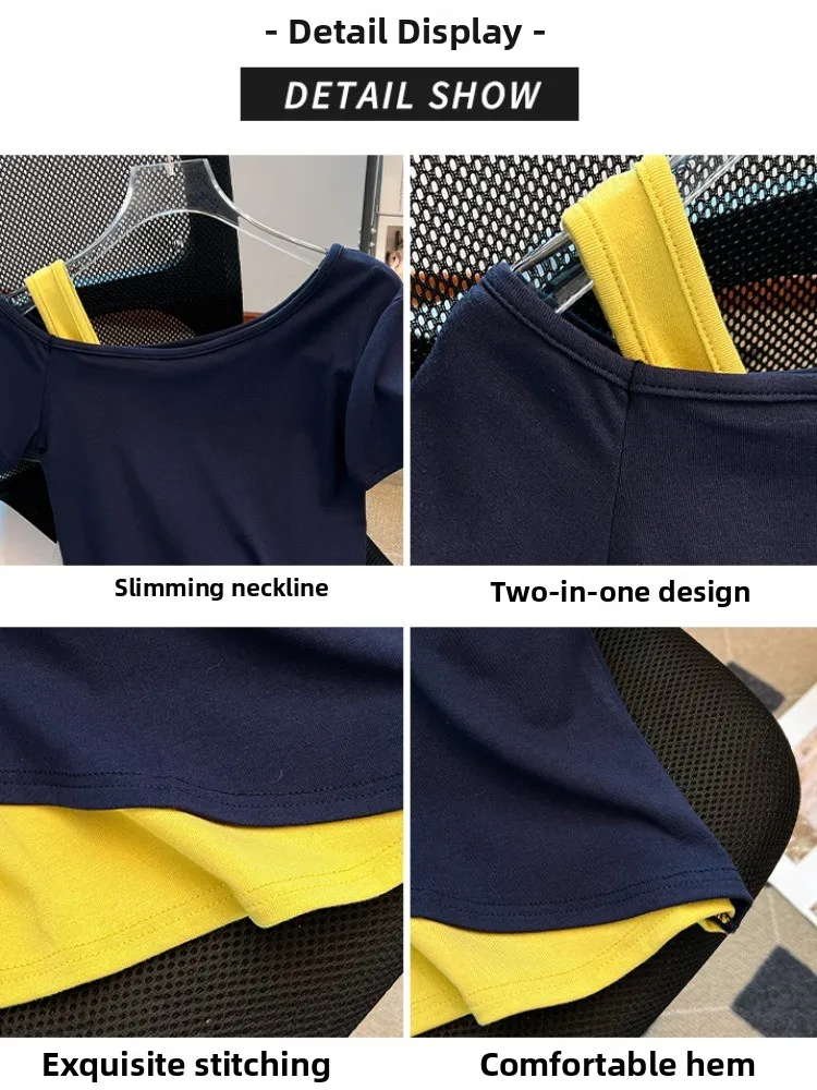 Slim Fit Or Sve Camiseta Feminina Verão Self-Kee Design Sense Falso Oulder de Duas Peças Bared Or Dr Coreano Sle