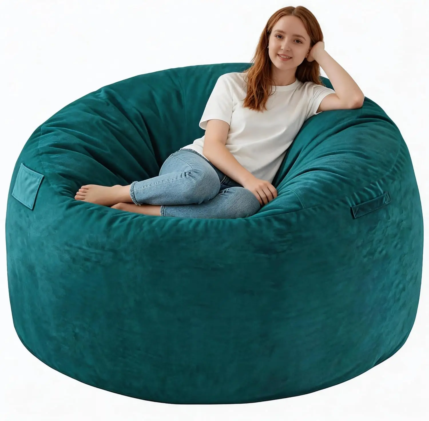 

5FT Large Bean Bag Chair with Memory Foam Filled, Fluffy Dutch Velvet Cover for Living Room or Playroom in Sea Blue
