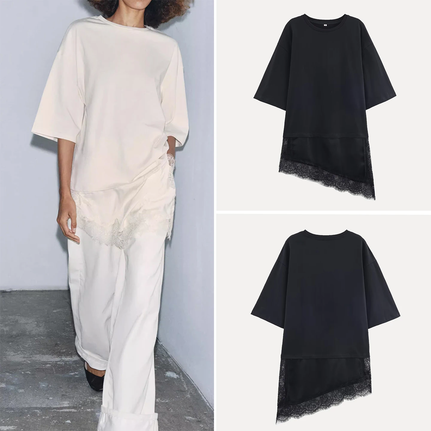 

Z 2025 Новая модная кружевная футболка, женская простая футболка Personali ort Sve round Ne Top для женщин