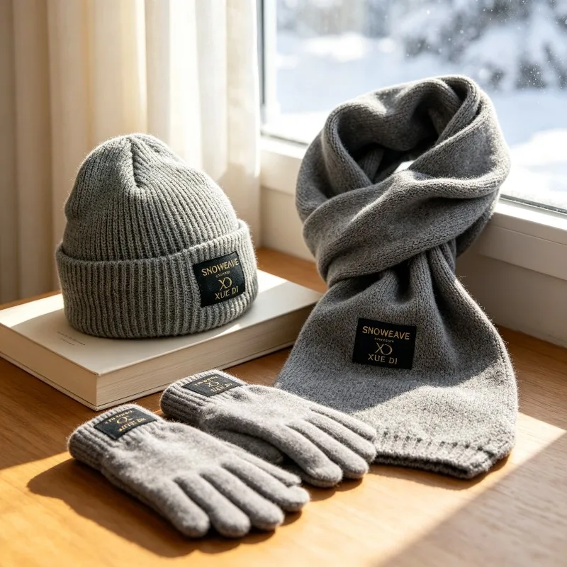 Ladies Warm Knit Beanie Scarf Gloves 3‑Pack Set Solid Color Fleece Lined Winter Outdoor Outfit