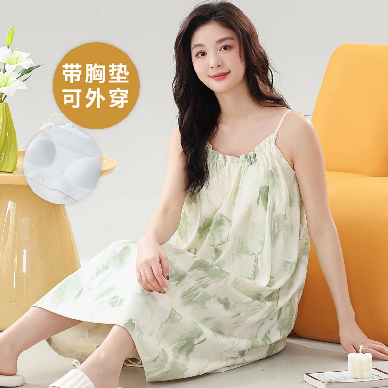 Korean Fashion Cotton Women's Nightgowns with Bra Pad 2025 New Big Size M-3XL Sleepwear Young Girl Nightdress Dropship