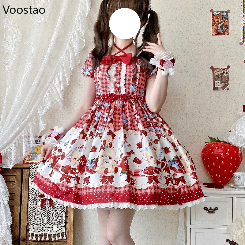 Japanese Sweet Lolita OP Dress Women Cute Lace Strawberry Rabbit Print Red Plaid Tea Party Dresses Vintage Kawaii Princess Dress