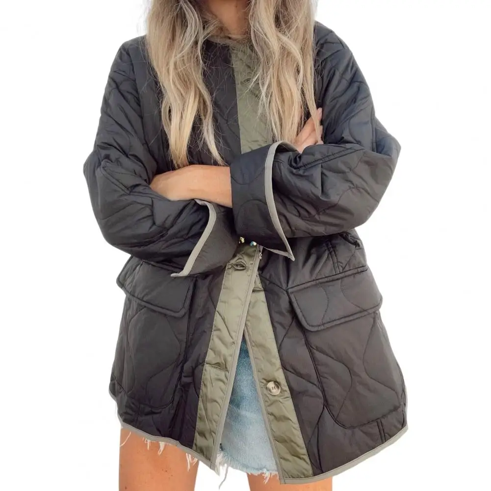 

Women Jacket Stylish Women's Mid-length Winter Coat With Double Pockets Color Matching Design For Wear Single-breasted Jacket