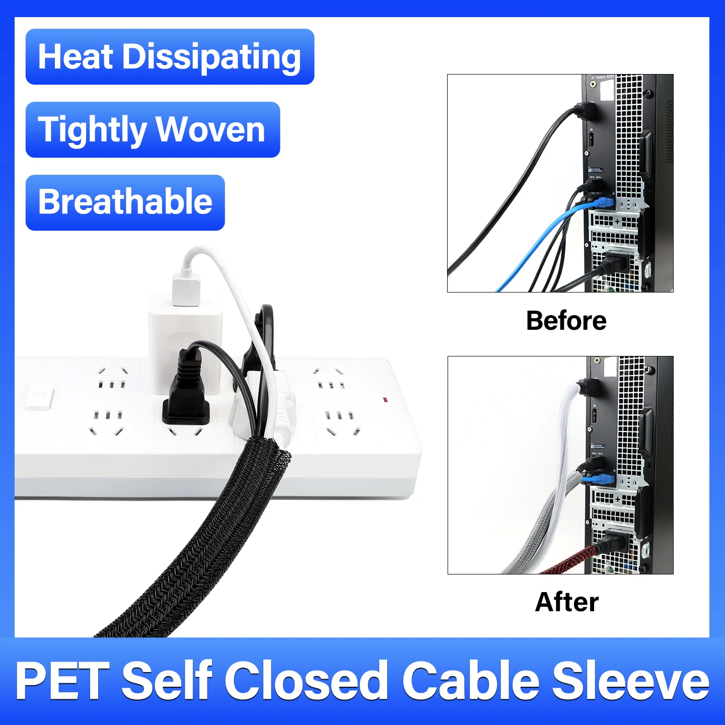 Multi-Size Self-Closing PET Cable Wrap 1-10m 5-50mm Heat/Abrasion Resistant Sleeving Machinery Automotive Marine Applications