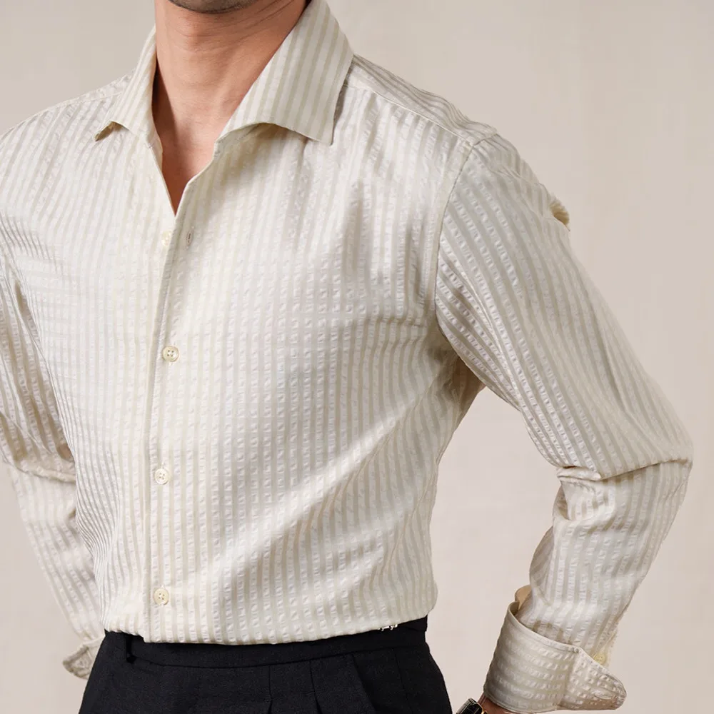 

Весенняя дышащая рубашка из пузырчатой марли в деловом повседневном стиле для мужчин, итальянский стиль, цельнокроеный воротник, длинный рукав, Camisa Hombre