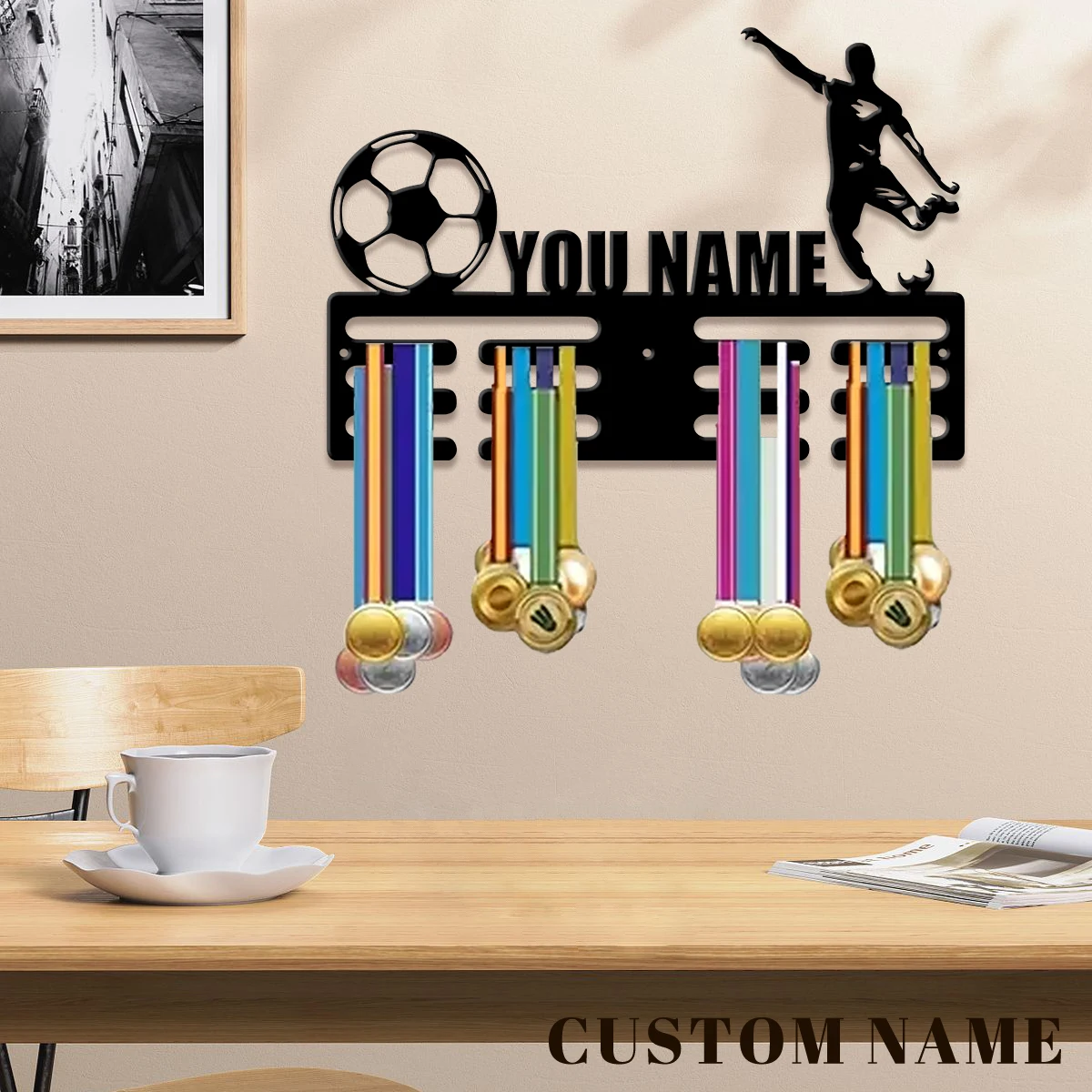 1pc Custom Soccer Metal Medal Hanger Holder,Personalized Football Number Medal Display Rack for Sports Awards,Home Decor Gift