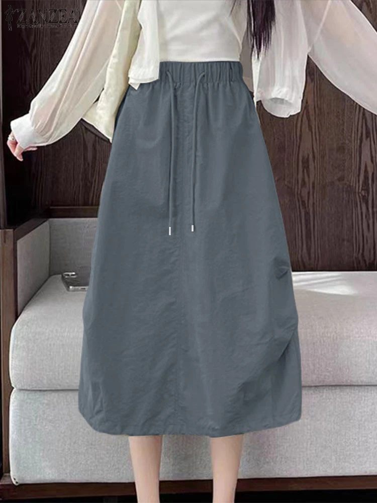 여성 Faldas ZANZEA 2025 가을 우아한 맥시 스커트 신축성있는 허리 솔리드 컬러 캐주얼 루즈 오버 사이즈 드로우 스트링 롱 오버 스커트