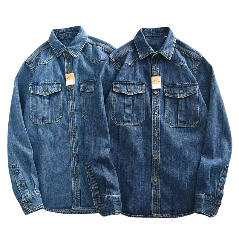

Thiened Heavy Du Workwear Denim irt Men's Ameika Jie Motorcycle Loose Large Size Long Sve irt Jaet Autumn
