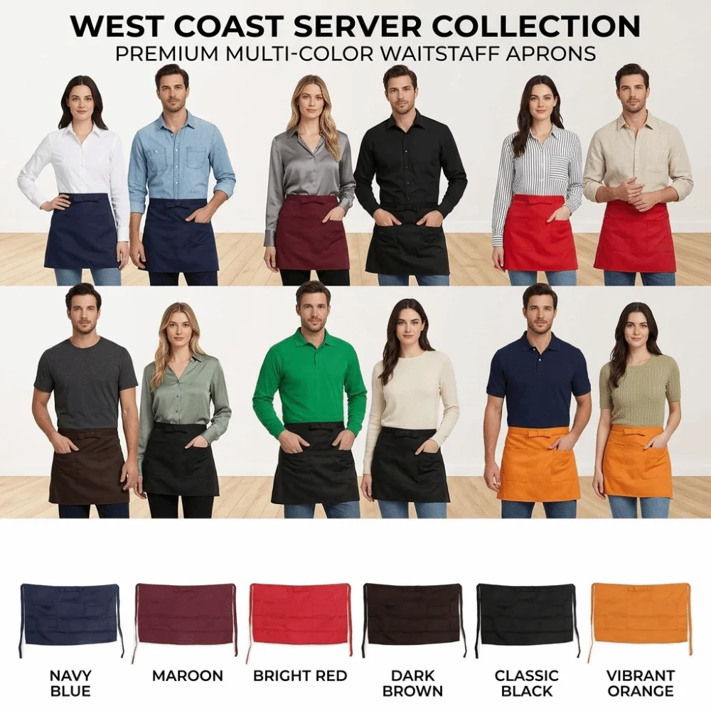 New Two Pockets Waist Apron Short Bow Detail Server Apron Tie Straps Antifouling Work Apron Restaurant Serving