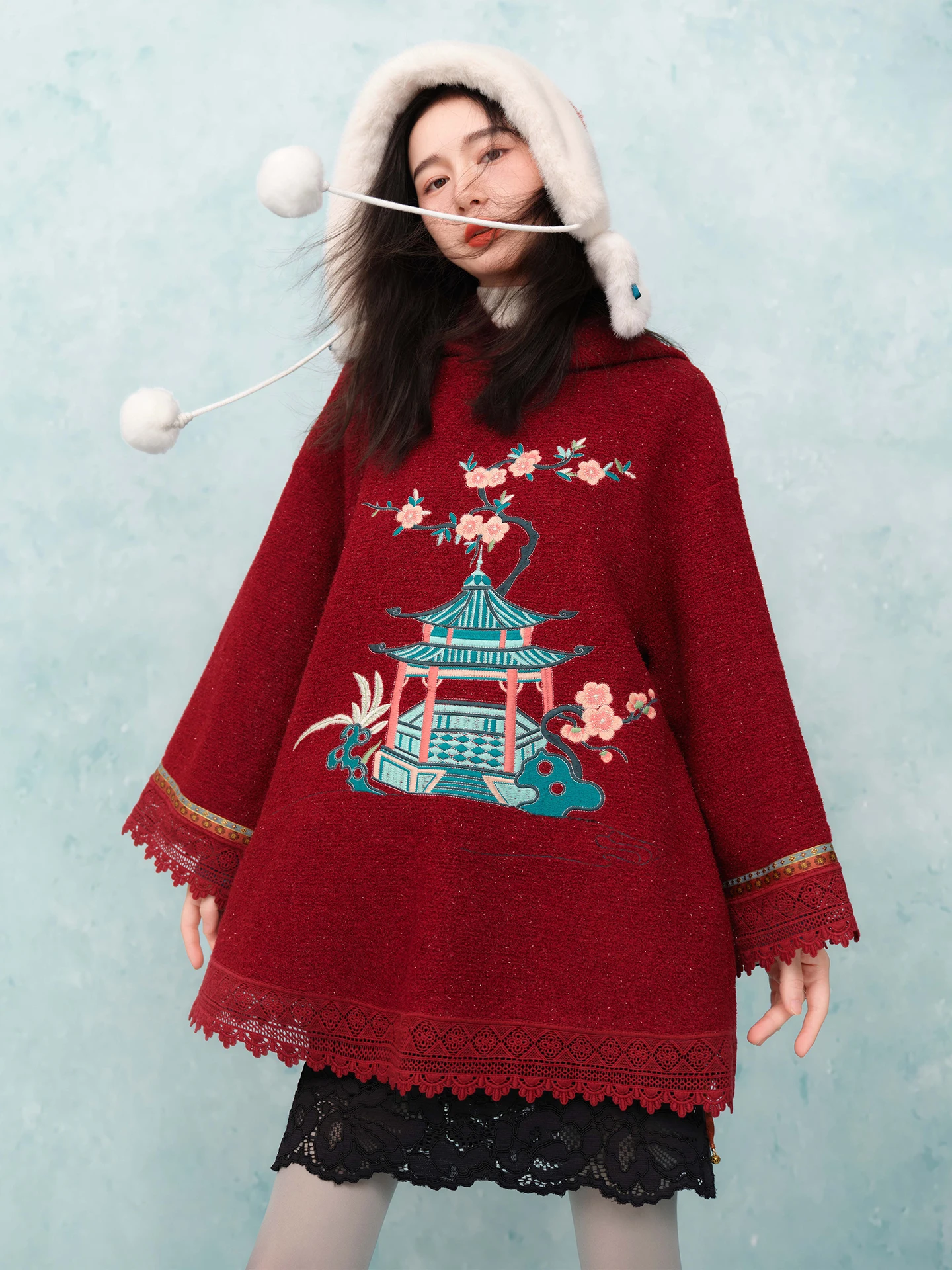 

Loose Fit Silver Tead Embroidery Woolen Sweatirt Original Design Winter New Sle Turtlene Hat Design Casual Commute Sle