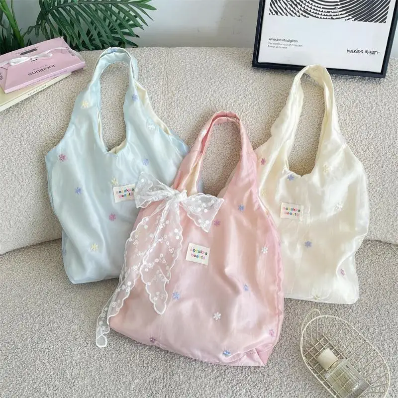 

【A11】Embroidered Tote Bag Chiffon Solid Color Floral Shoulder Bag Large Capacity Korean Style Canvas Underarm Bag Commuting