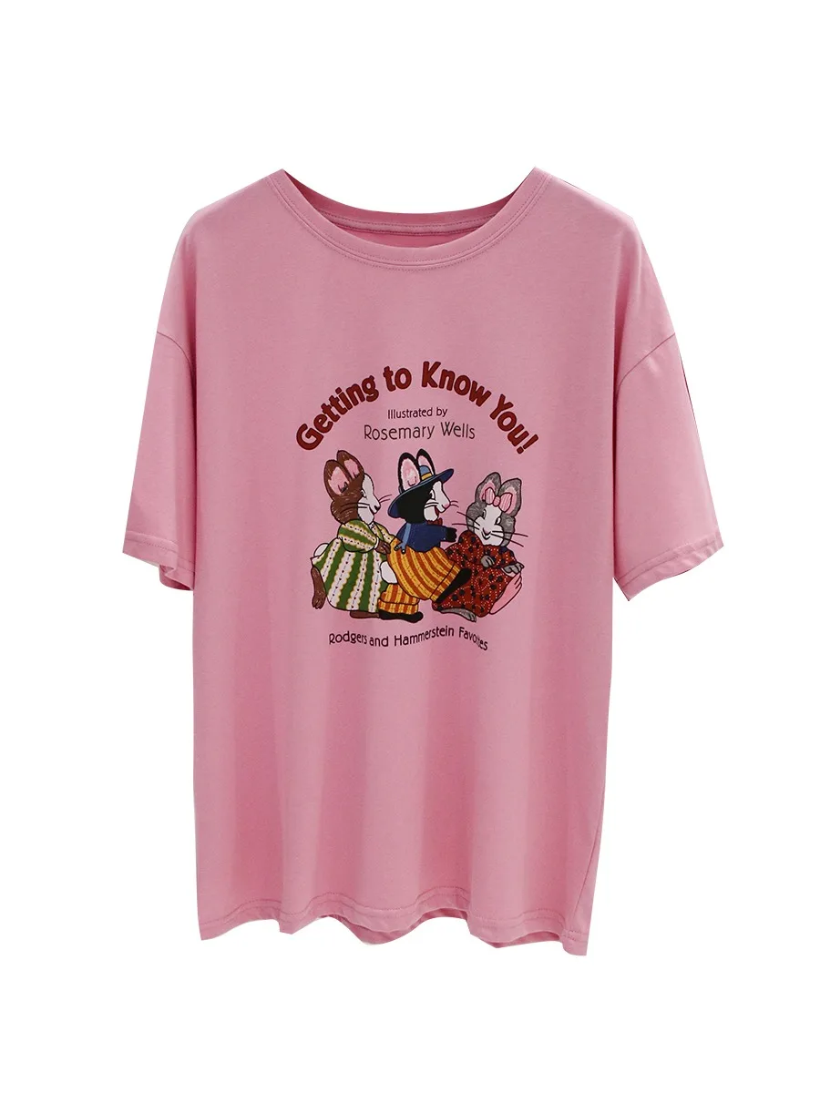 

Ретро Гонконгская футболка с мультяшным принтом Sweet Rabbit ort Sve, женская модная летняя свободная повседневная круглая футболка Ne Top