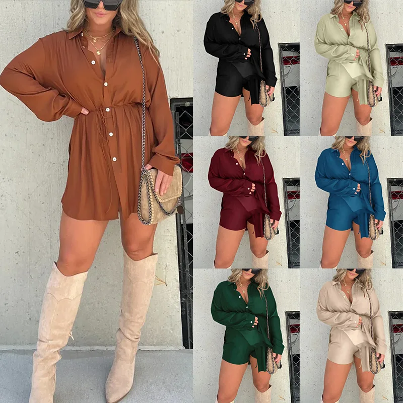 

Women Casual Satin Shirt Jumpsuit Spring Autumn Fashion Solid Lantern Sleeve Shirt Rompers Black Lace Up Loose One Piece Sets