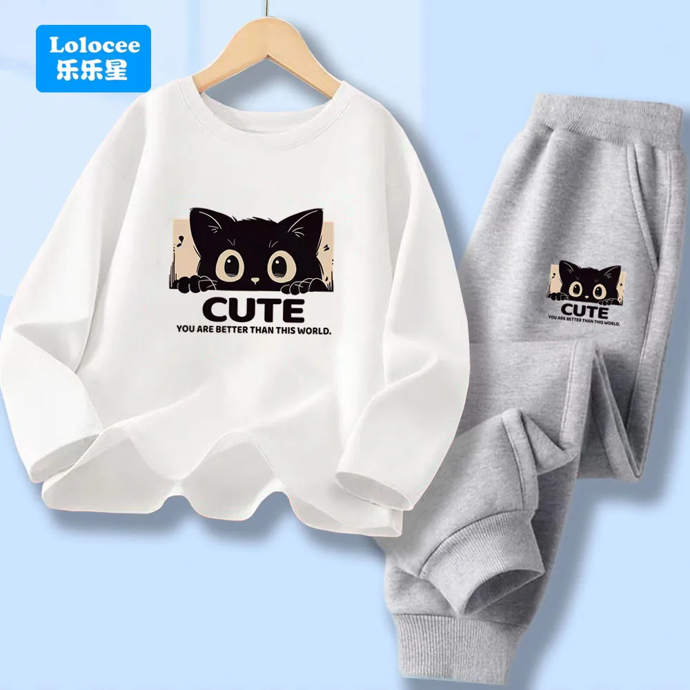 Boys Cute Cat Graphic Tee Tops Clothing Sets Bigboy Long Sleeve T-shirts and Pants 2 PCS Sets Children Spring Sets MKA1