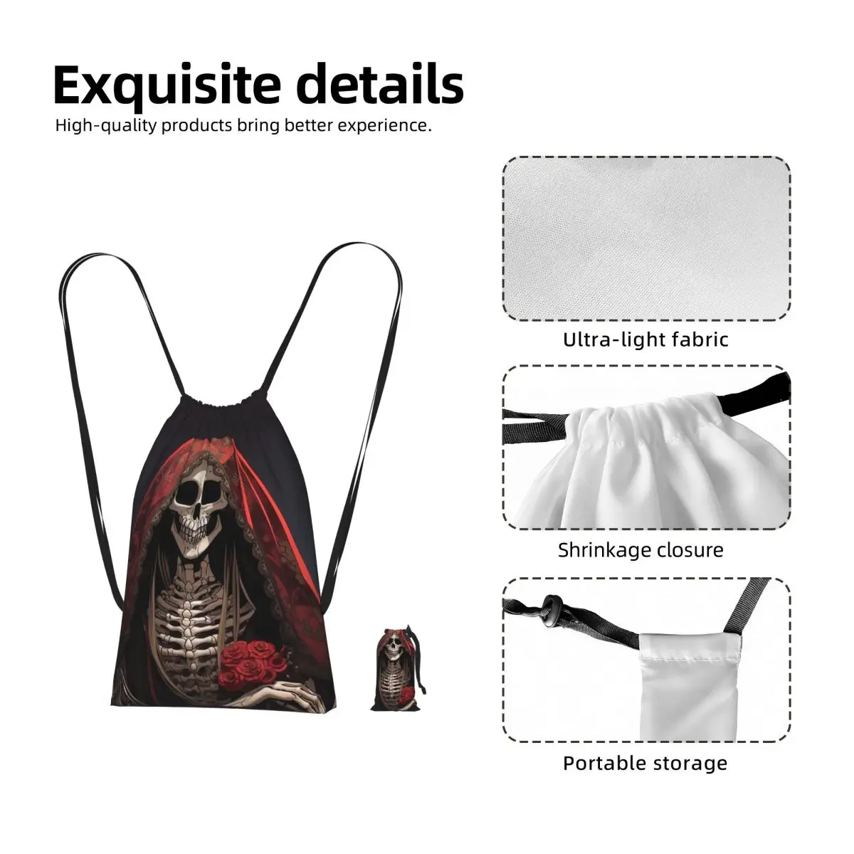 Santa Muerte Saint Death Goth Mexican Muertos Skull Drawstring Backpack Sports Gym Bag Portable Travel Drawstring Bag Men Women