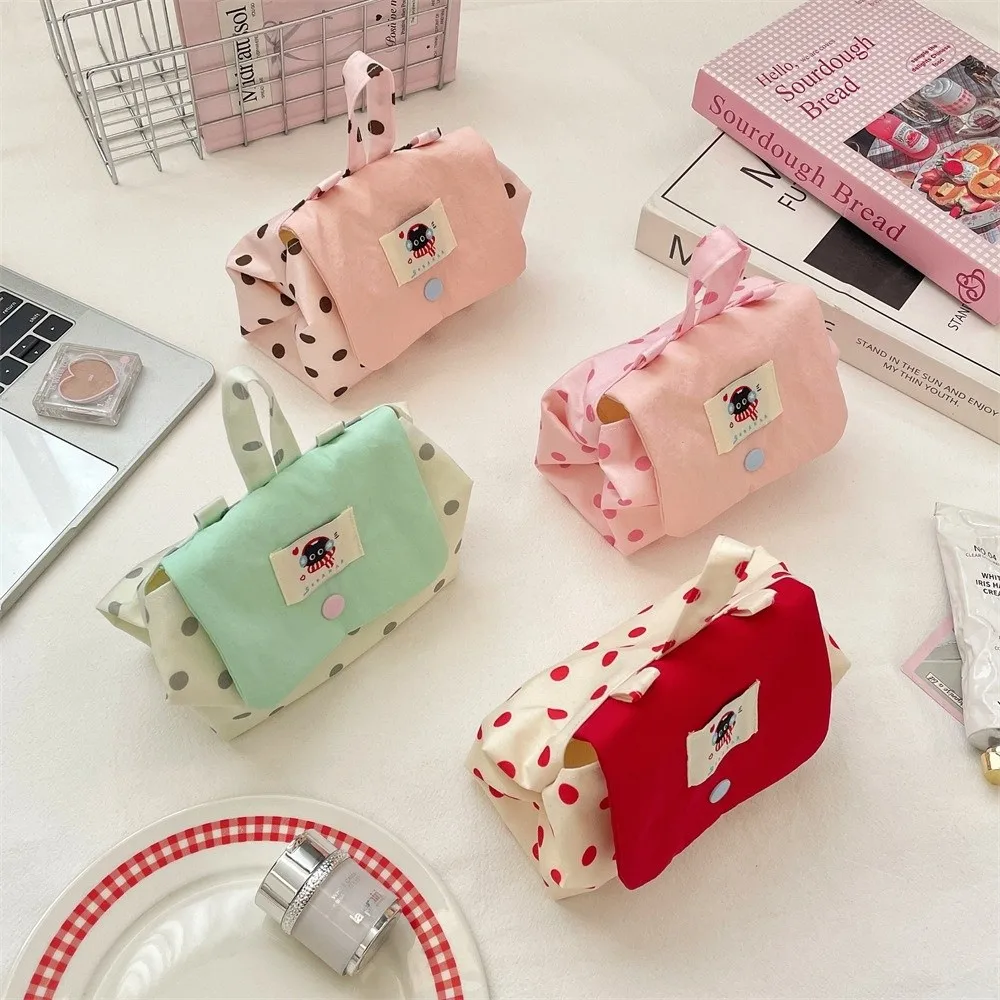 Mini Earphone Storage Bag Flip Cover Snap Button Key Card Holder Contrast Color Cartoon Polka Dot Coin Purse for Student Girls
