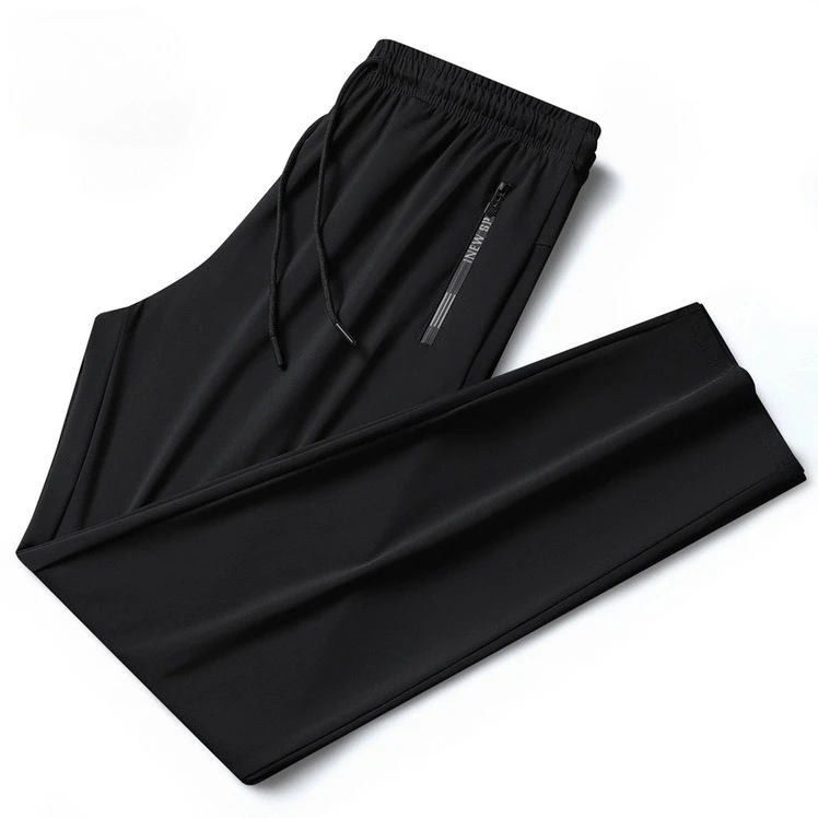 Męskie spodnie na lato 2025 z jedwabiu lodowego, czarno-szare, cienkie, biznesowe, codzienne, outdoorowe, elastyczne, oddychające, proste nogawki, spodnie dresowe.