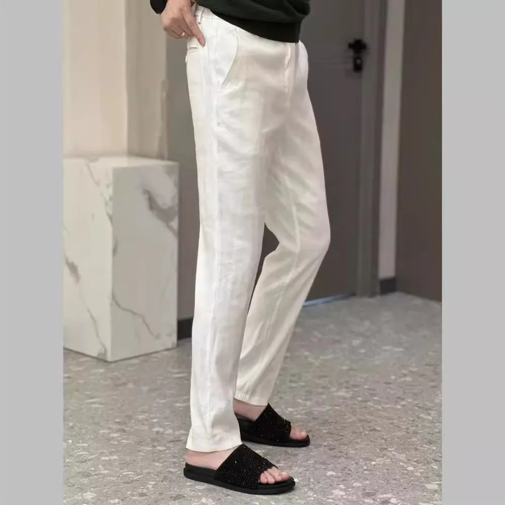 

Summer High Quali Soft Linen Comfortable White Sports Casual Pants Men Slim Lightweight Luxury Long Thin Straight Leg Trousers