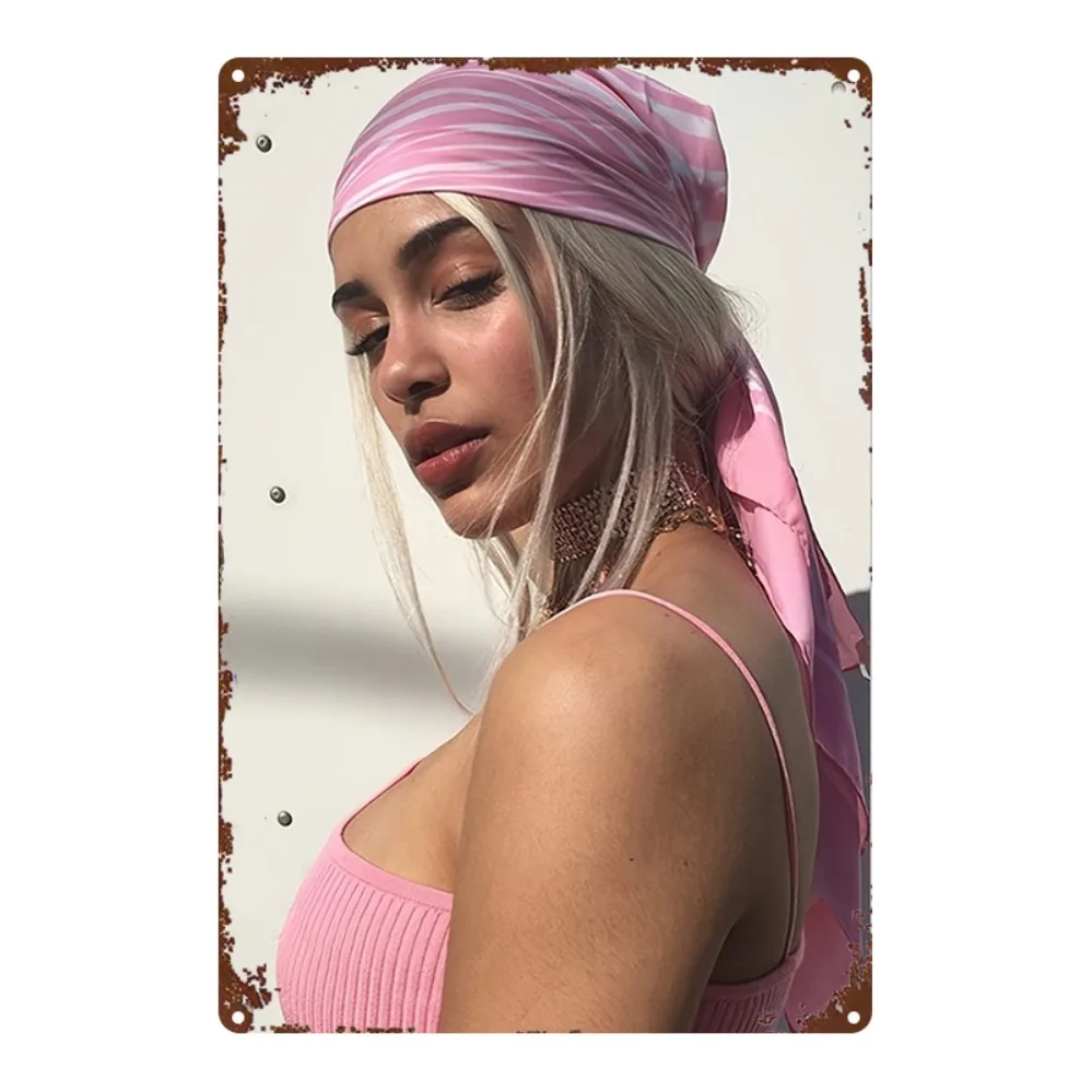 2D Metal Sign, Pink Striped Bandana Fashion Woman Portrait Metal Wall Art, 8x12 Inch Rustproof Iron Indoor Outdoor Home Bar C