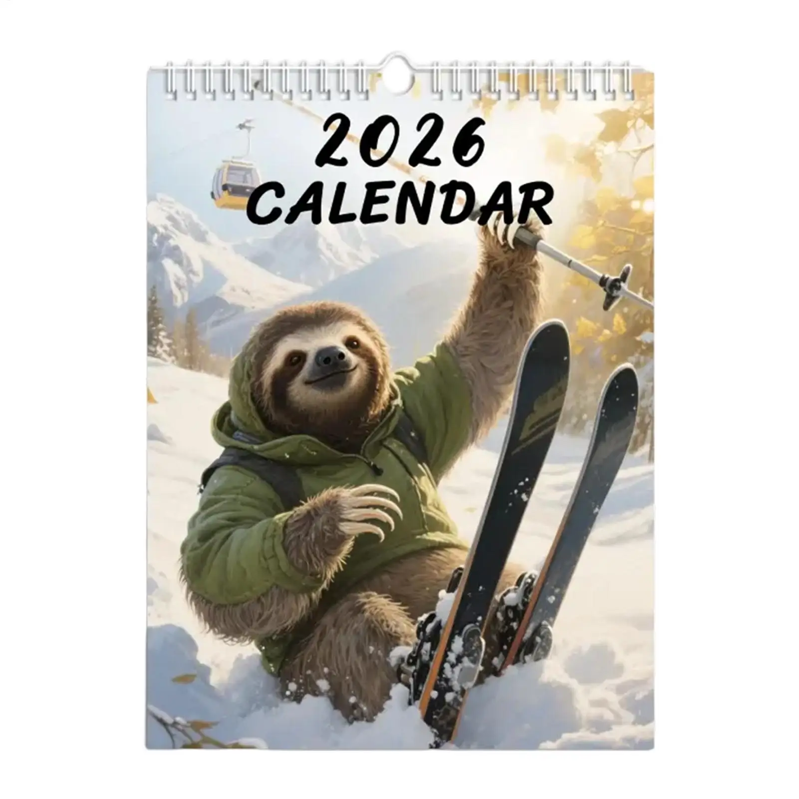 Funny Animal Calendar 2026 Sloth Skiing 12-Month Planner 8.27x11.02in Funny Wall Calendar for Home Workplace Dorm Apartment