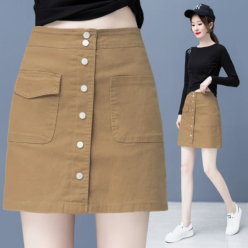 

Новая женская джинсовая юбка А-силуэта с высокой талией, на одной пуговице, тонкая, короткая, в корейском стиле, для повседневной носки