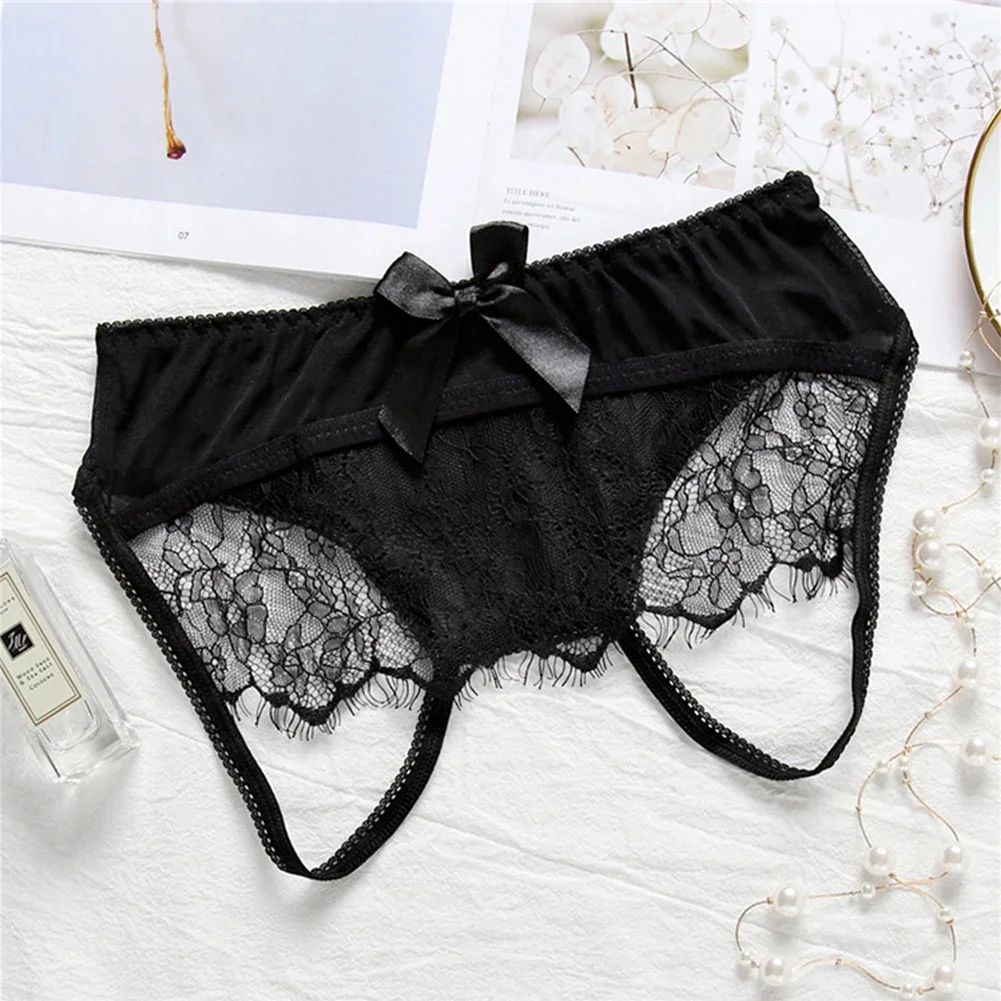 

Women Sexy Thong Lace Sheer Panties Open Crotch Bowknot Briefs Transparent Solid G-string Hollow Breath Erotic Underwear