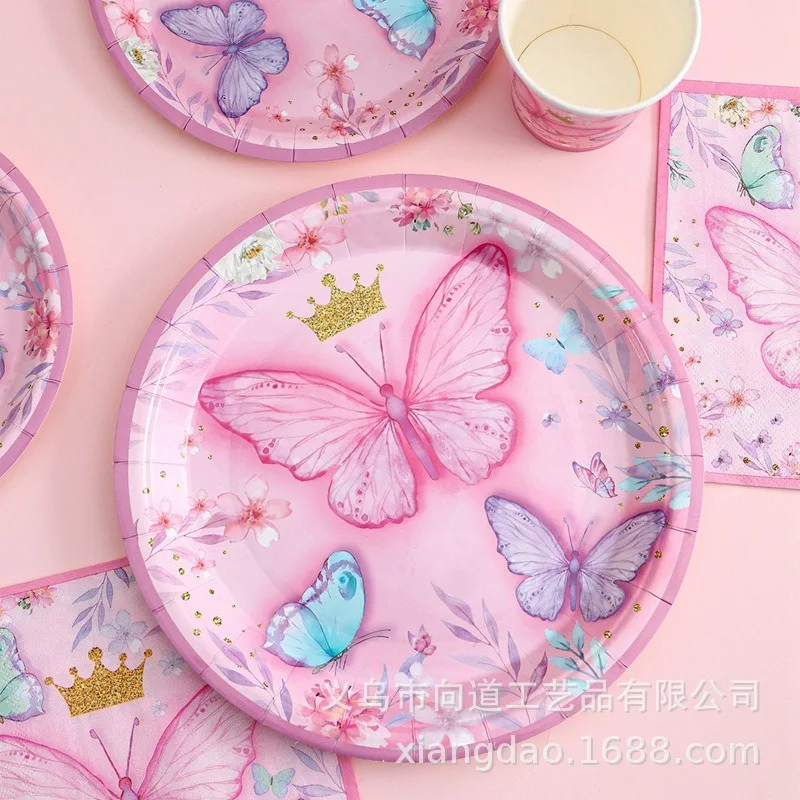 8Guests Pink Butterfly Disposable Tableware Crown Butterfly Paper Plates Princess Butterfly Happy Birthday Party Girl Babyshower