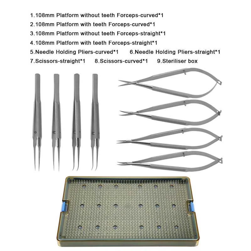 GREATLH Autoclavable Ophthalmic Instrument Set Platform Forceps with Teeth Toothless Scissors Needle Holding Pliers Stainless