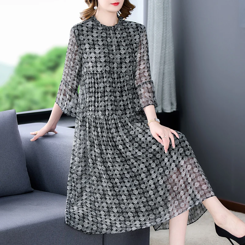 Spring Summer 2023 New Upscale Women Loose Medium Length Printed Dresses Short-Sleeved Silk Chiffon Dress