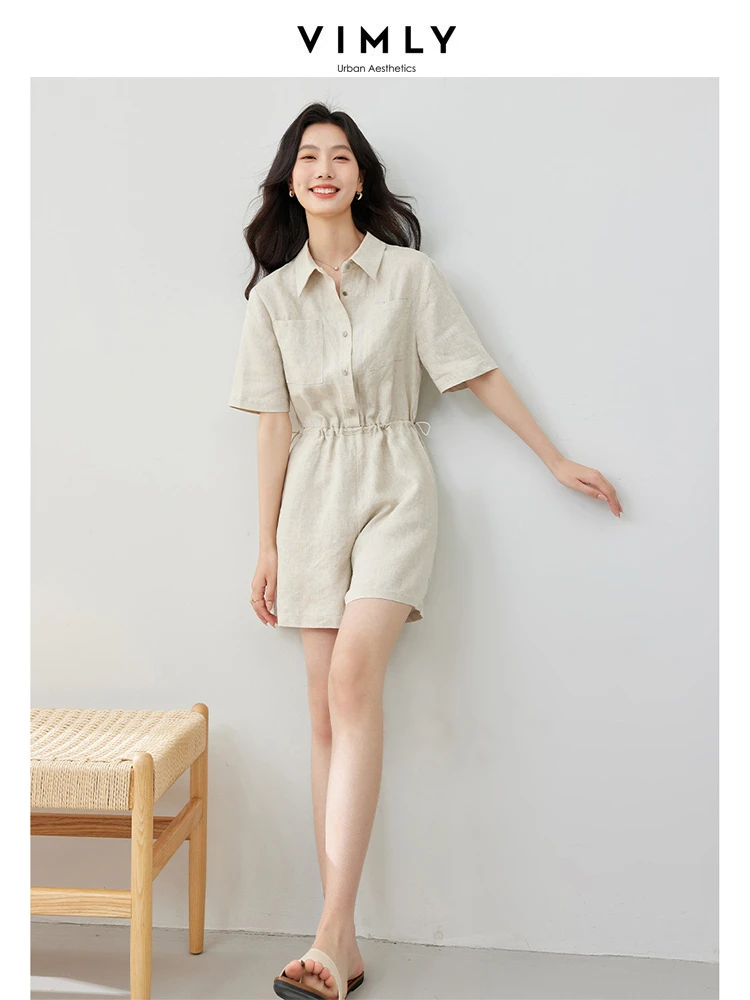 VIMLY Women\'s Casual Commuter Linen Short Playsuit 2024 Summer Cooling  Loose Romper Mid Waist Office Lady Tops Jumpsuit M7078