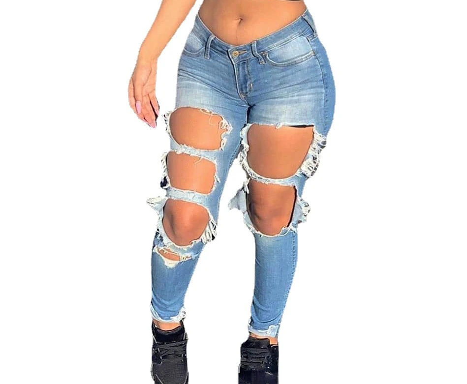 Moda Buraco Sexy Oco Stretchy Street Style Pequeno Pé Denim Calças Senhoras Jeans Roupas Femininas