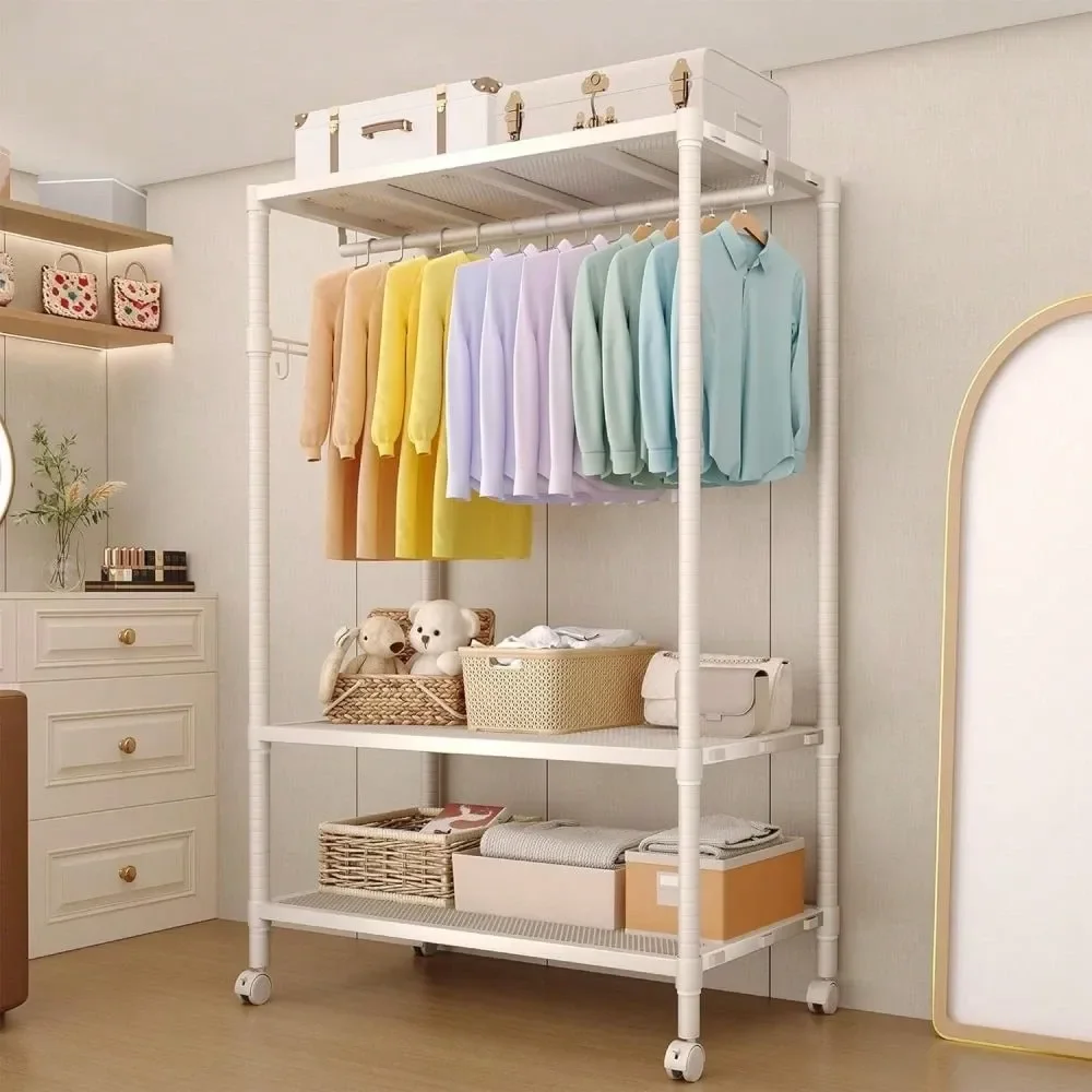 

Metal Rolling Garment Rack With Hanging Rod, 3Tier Freestanding Closet Organizer, Portable Coat Rack Wardrobe, With Adjustable