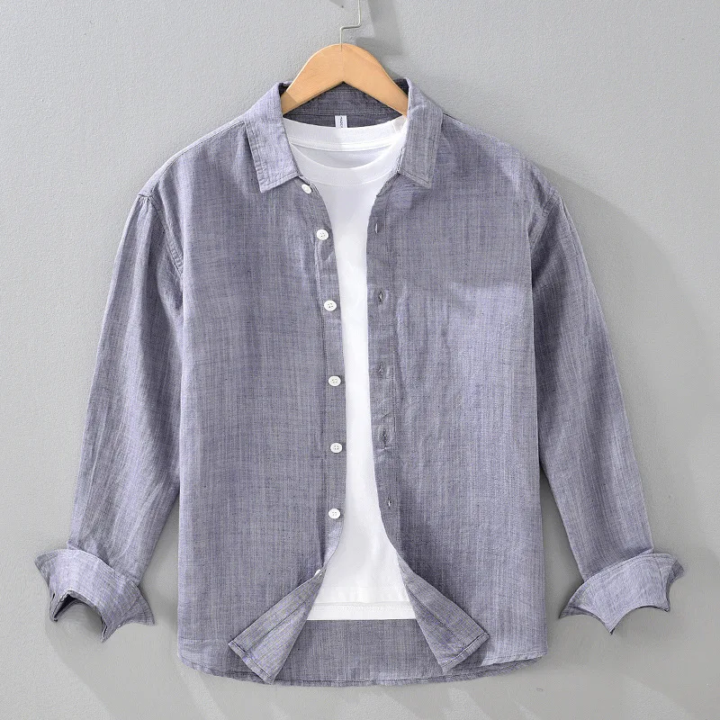 

Yarn-Dyed Spring/Summer Business Casual Linen Long-Sleeve Shirt for Men Basic Versatile Square-Collar Lyocell Shirt