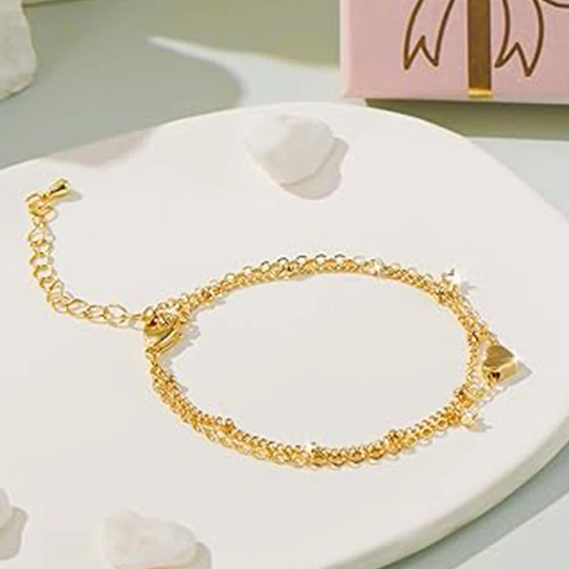 Dainty 14k Gold Plated Bracelets Love Heart Stainless Steel Bracelets for Women Chain Bracelet CZ Gifts Women\'s Jewelry Summer