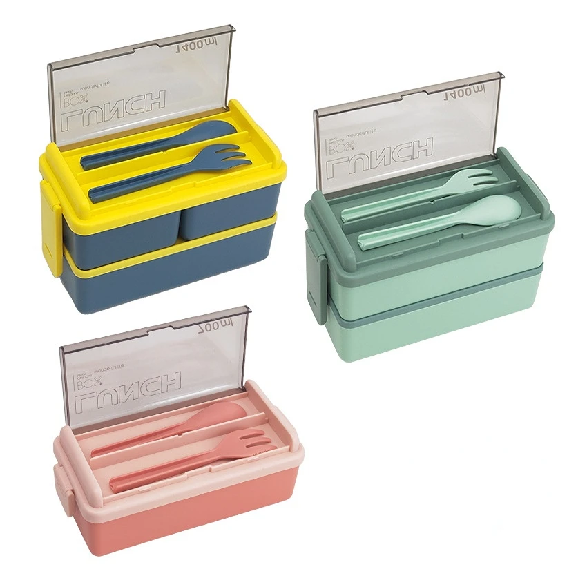 Double Layer Portable Lunch Box For Kids With Fork and Spoon Microwave Bento Boxes Dinnerware Set Food Storage Container