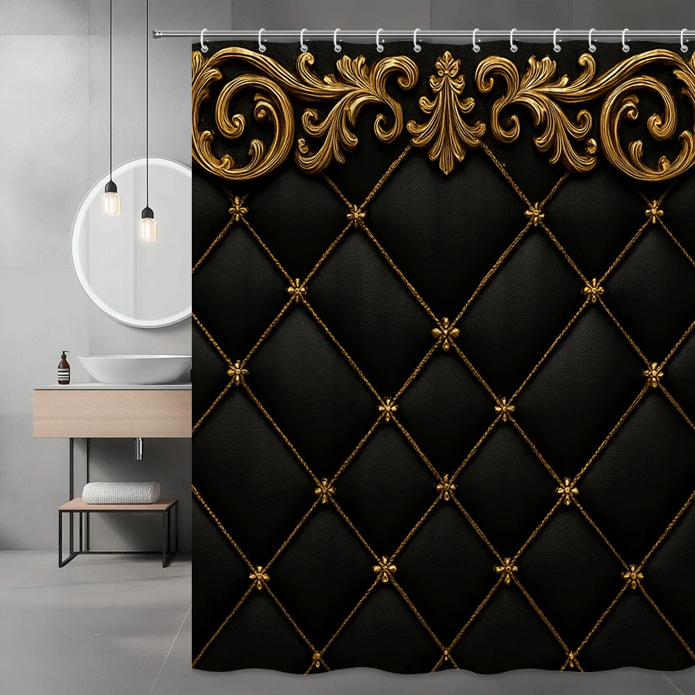 Luxury Black and Gold Shower Curtain Royal Embroidery Pattern Velvet Look Elegant Bathroom Decor Waterproof Elevate Your Space