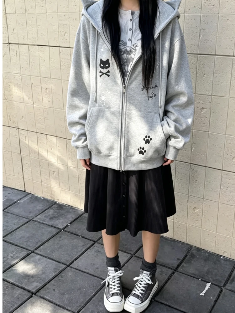 Harajuku Y2K Subculture Cat Ear Hooded Zip Up Sweatshirt Ladies Oversized Long Sleeve Korean Casual Street Fashion Jacket Tops