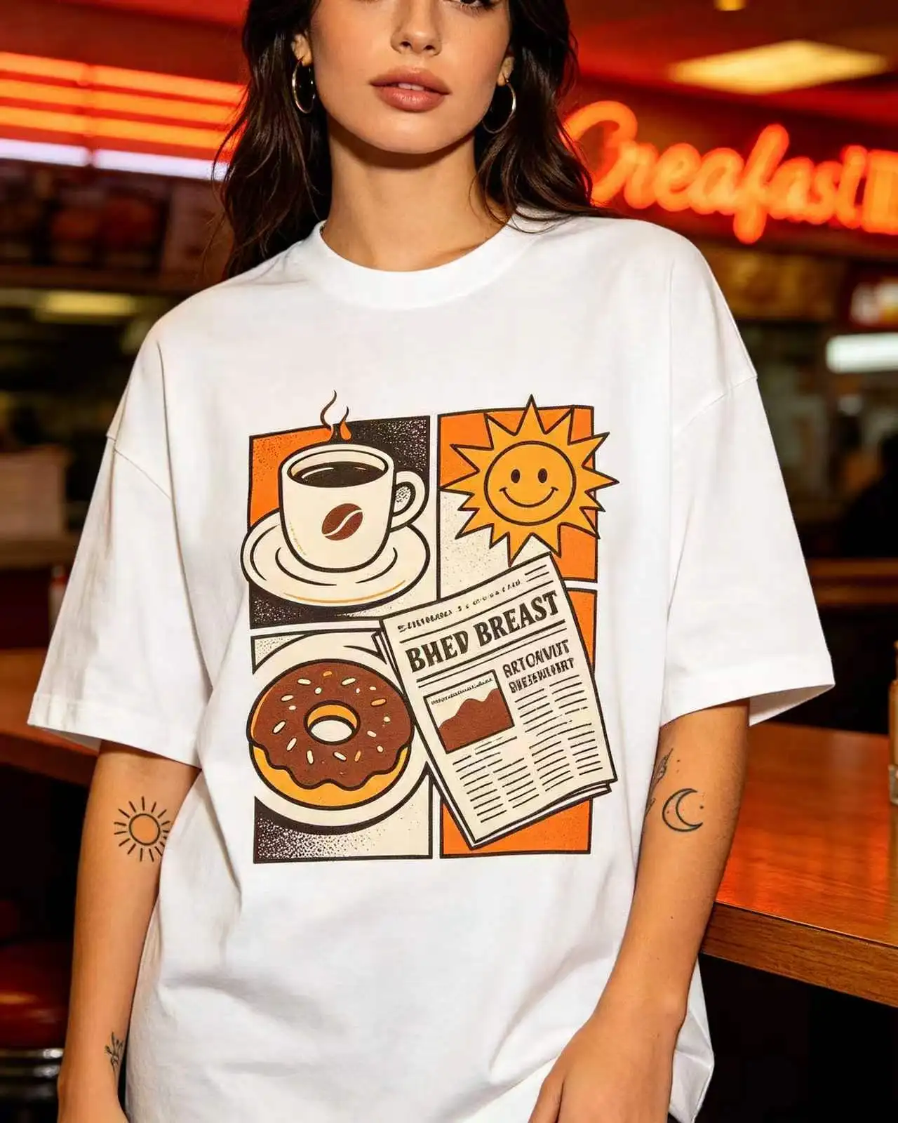 Unisex Retro Coffee Donut Breakfast Newspaper Sun Graphic T‑Shirt Men Women Vintage Food Art Oversized Crew Neck Tee