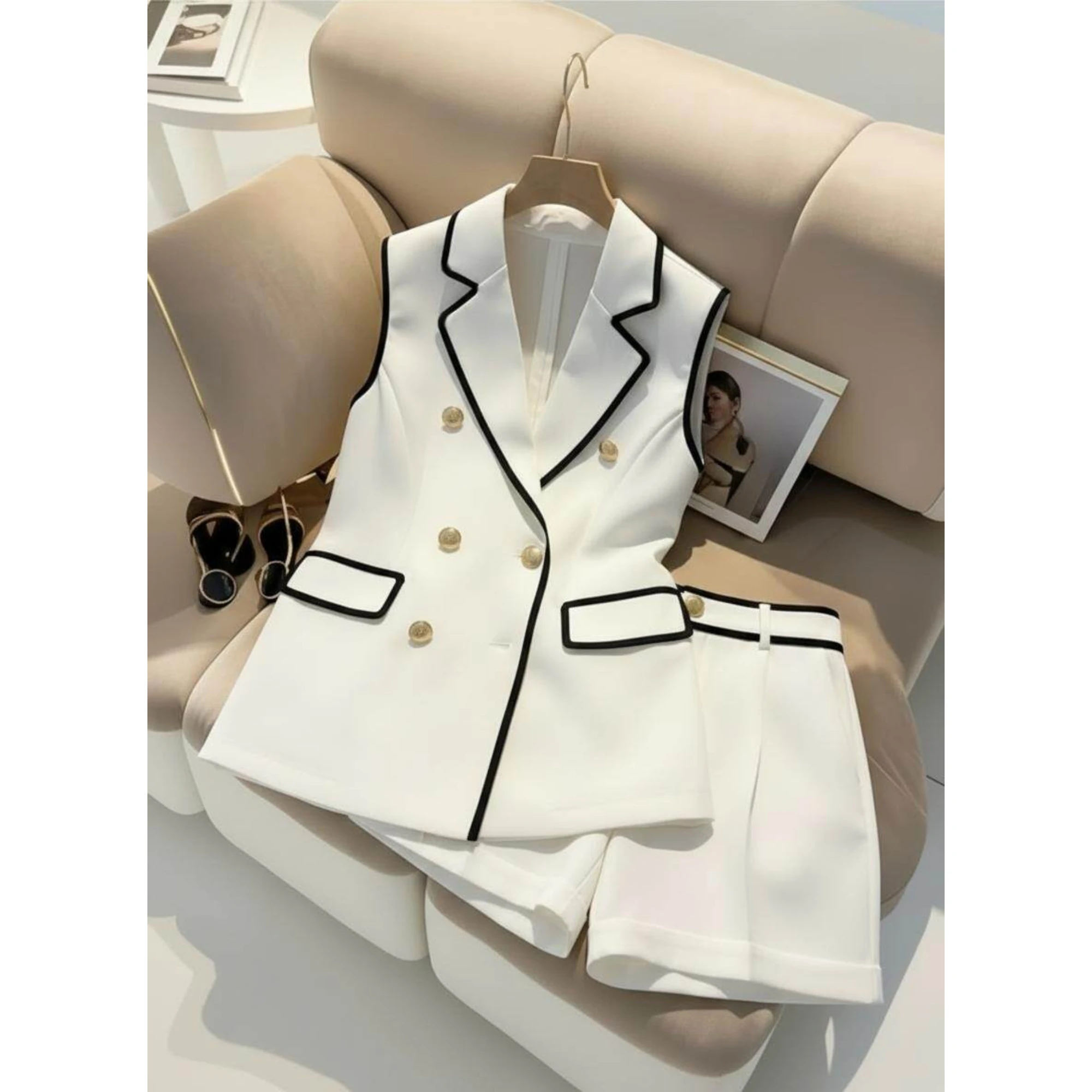 Women Contrast Trim Sleeveless Blazer Vest And High Waist Shorts Outfit With Gold Buttons For Formal And Casual Occasion