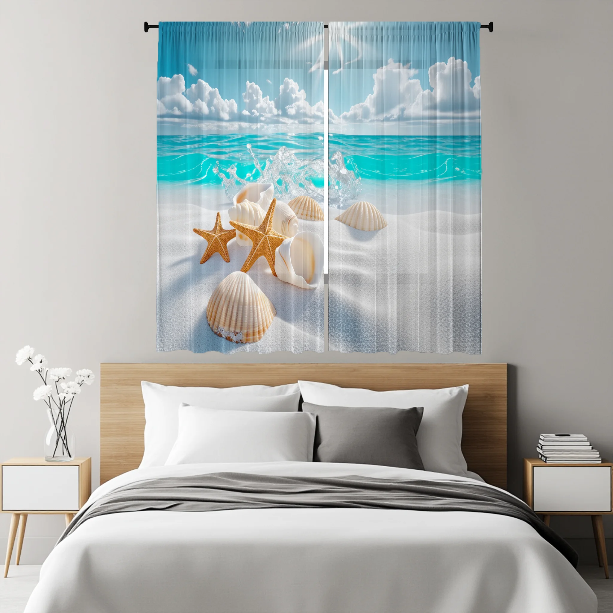 2-piece set of shell ocean beach print, pole bag design, suitable for bedrooms and living rooms, made of polyester fabric