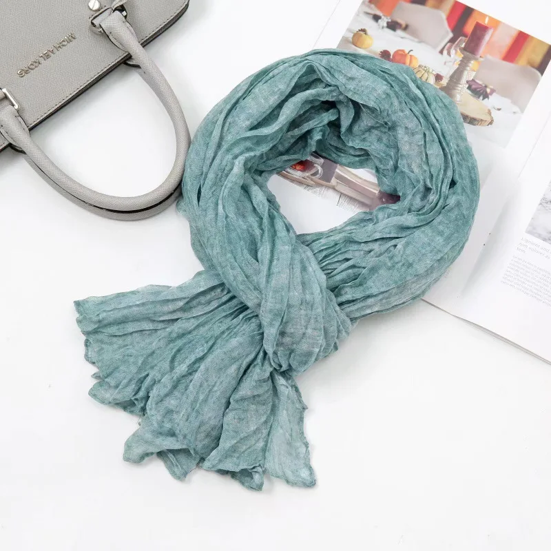 New Scarf Hemp Hand Feel Gradient Blue Autumn Winter Retro Versatile Printed Women's Long Fold Shawl Soft Fashionable
