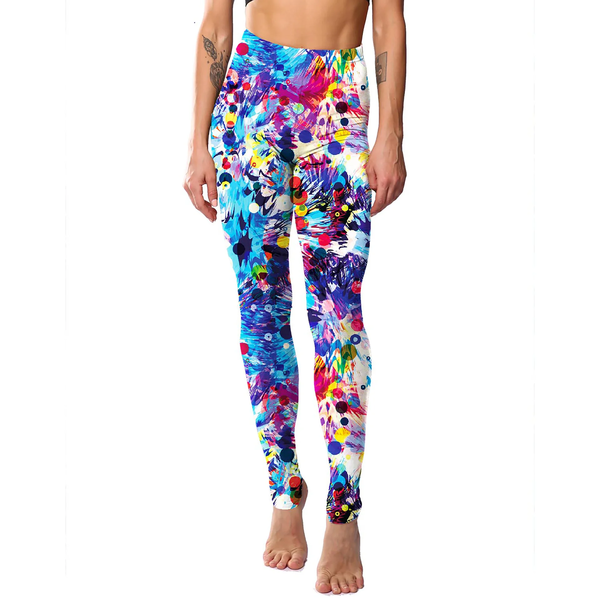 Colorful, ink-spattered, abstract code printed leggings that provide a slim silhouette and are perfect for exercise.