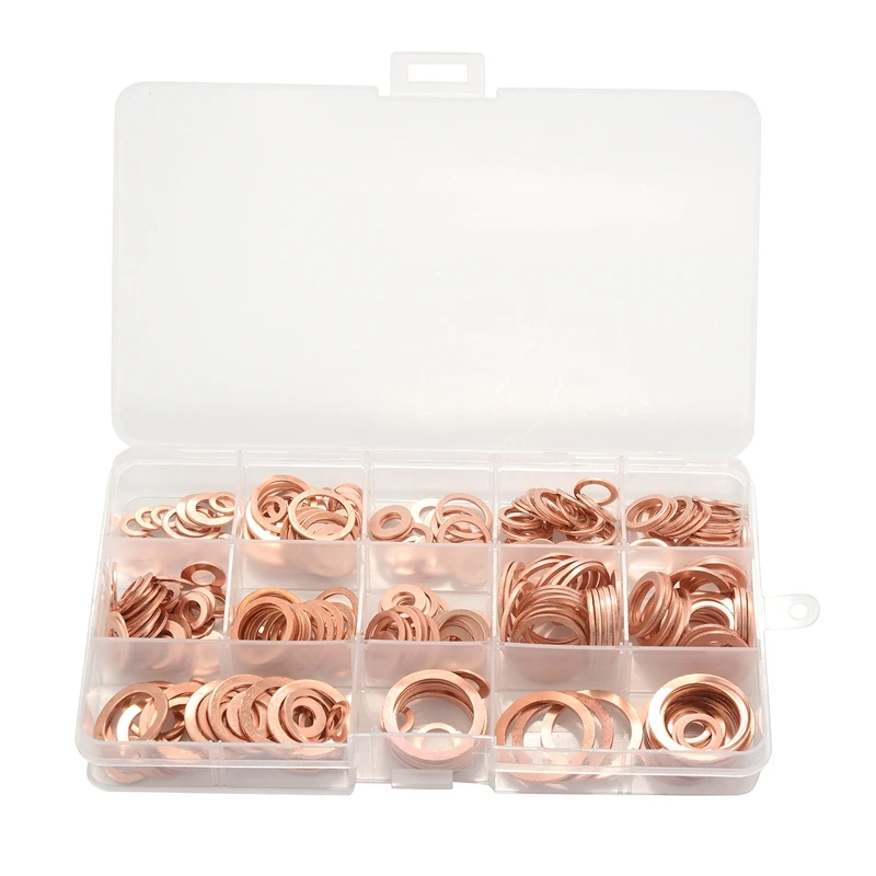 

Hot 280Pcs Professional Assorted Copper Washer Gasket Set Flat Ring Seal Assortment Kit M5-M20 With Box For Hardware Accessories