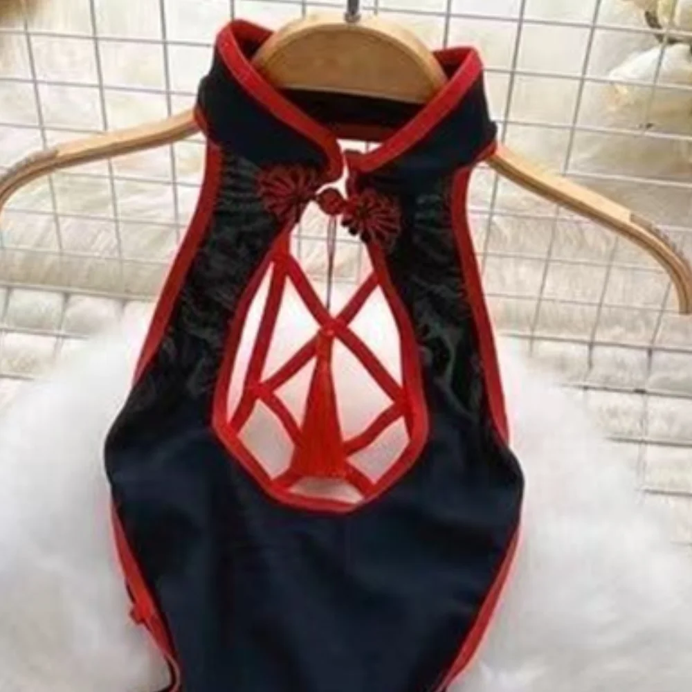 الصينية ضئيلة شيونغسام مثير أكمام الحسية الجوف خارج شرابة عارية الذراعين مطبوعة فستان قصير Hotsweet ملابس نوم بيجامة أنيقة #3