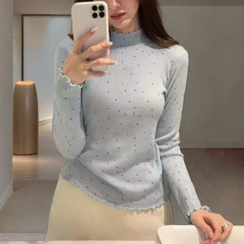 

Polka-Dot Sweater Women Long Sleeve Pullover Half High Collar Wave Cut Vintage Knitted Jumpert Tops Autumn Spring Knitwear Tops