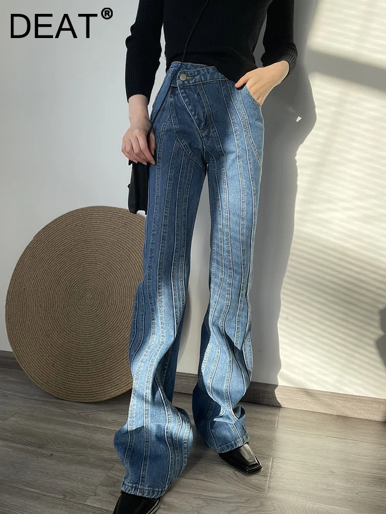 

DEAT Fashion Women's Jeans Slanted Placket Mid Waist Blue Denim Flared Full Length Polyline Pants Female Spring 2024 New WP450