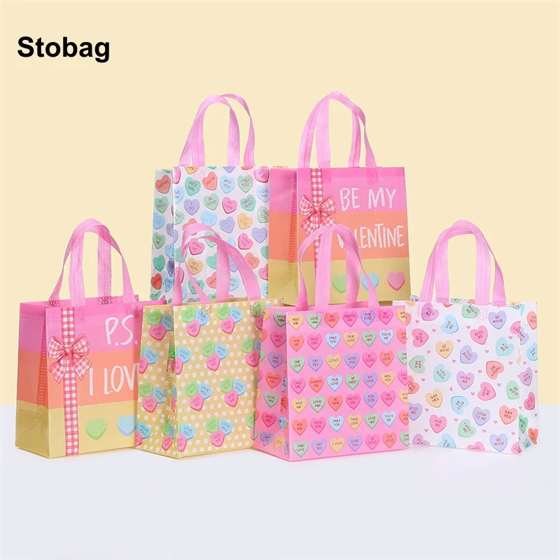 

StoBag 8/20pcs Valentine's Day Non-woven Tote Gift Bag Love Fabric Packaging Handbag Waterproof Storage Reusable Pouch Party