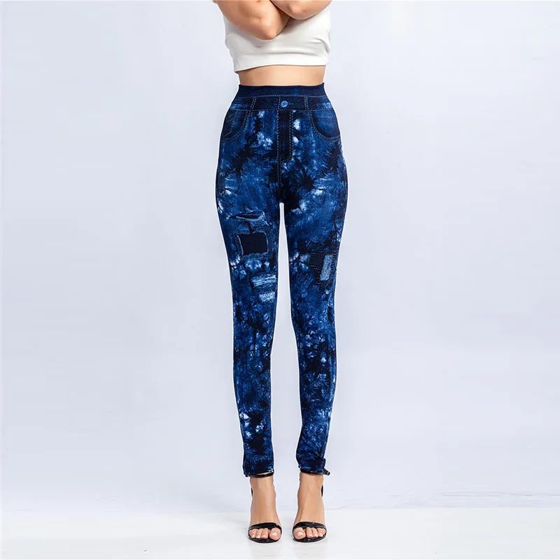 

Women Print Imitation Denim Legggings Stretchy Slim Tights High Waist Hip Liftting Casul Pants Workout Running Gym Pants