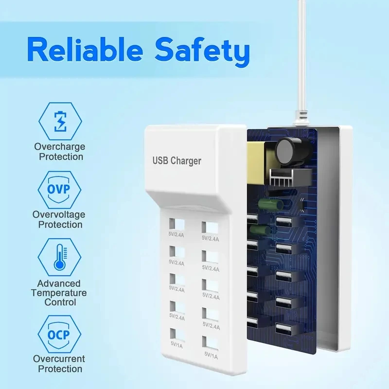 10-Port USB Charger Desktop USB Rapid Charger,Smart USB Charger for Multiple Devices Smart Phone Tablet Laptop Computer