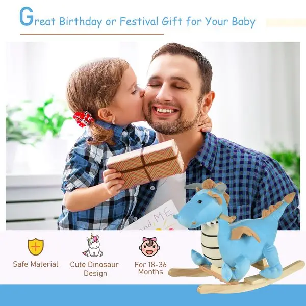 حصان هزاز خشبي على شكل ديناصور، أصوات واقعية، لعبة ركوب الأطفال الممتعة في عصور ما قبل التاريخ، أزرق، لمدة 18-36 شهرًا